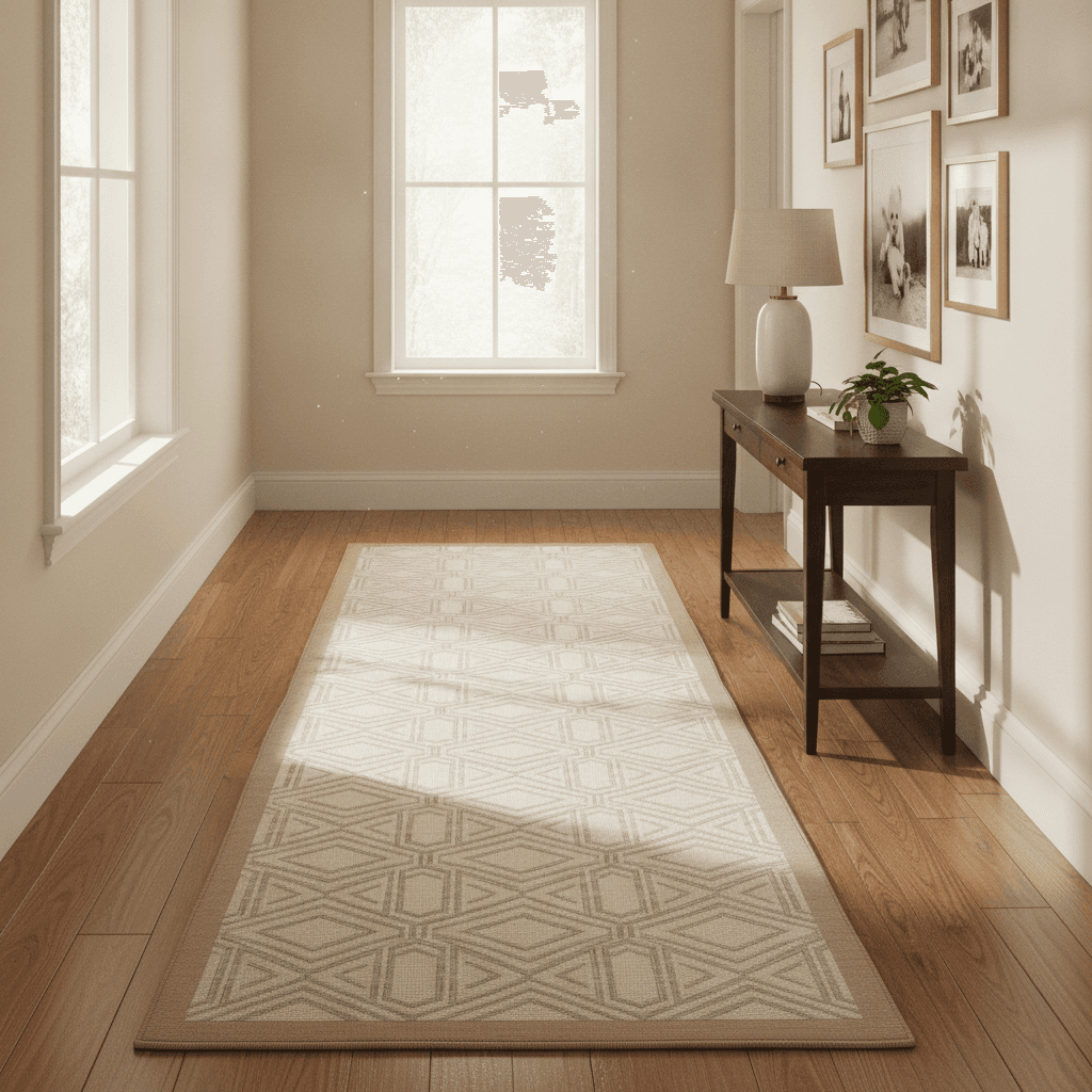 Elegant hardwood hallway with a custom neutral bound-edge carpet runner centered with even margins, morning light