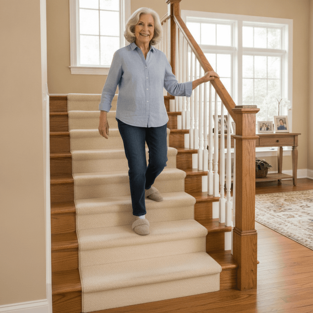 Smiling senior woman walking down an oak staircase with a continuous cream carpet stair runner, hand on the handrail